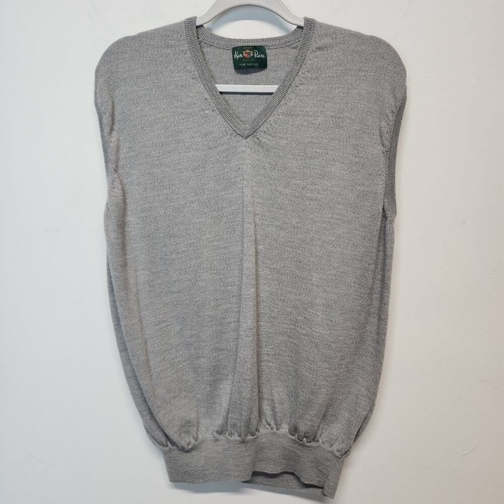 Alan Paine Mens V-neck Sweater Vest XL EU 54 Gray Elastic Waist 100% Merino Wool